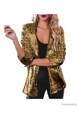 Sequin Blazer Long Sleeve V-Neck Open Front Sparkly Party Jacket